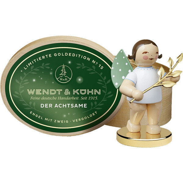 Limitierte Goldedition, No. 15,  Der Achtsame, Engel mit Zweig auf Metallsockel · vergoldet, in Spanschachtel