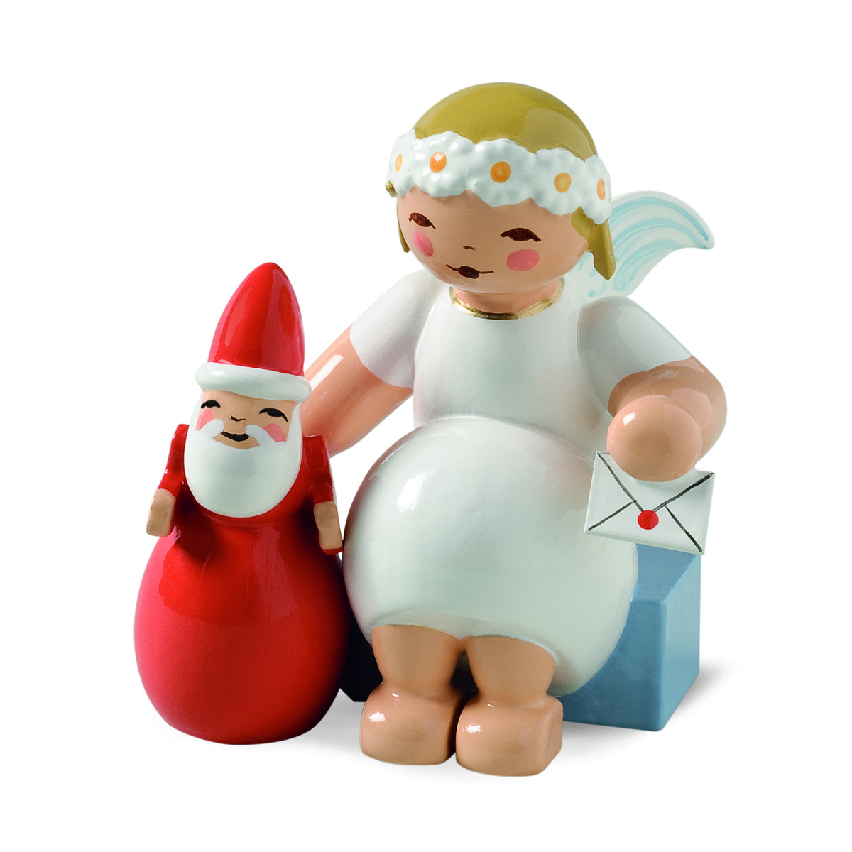 Margeritenengel, sitzend, mit Weihnachtsmann