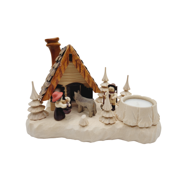 Rotkäppchen und der Wolf auf Brett, mit Räucherhaus