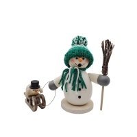 Räucherschneemann mit Besen und Schlitten, grün