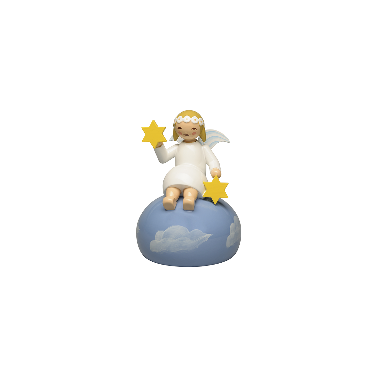Engel mit Margeritenkranz auf Wolken, sitzend
