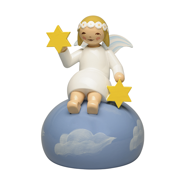 Engel mit Margeritenkranz auf Wolken, sitzend