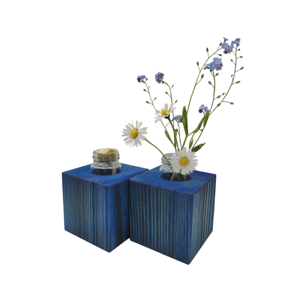 Dunkelblaue Minivase & Miniöllampe im Set, Fichte